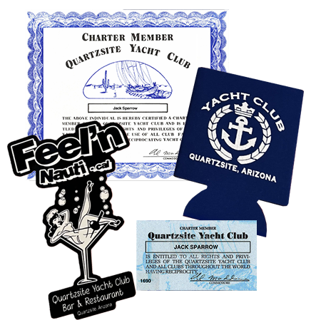 Photo of Membership Kit includes koozie, nauti sticker, membership certificate, and membership card.